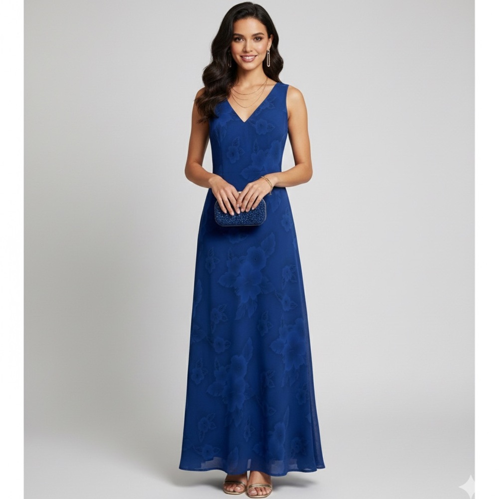 CDC Vintage Floral Blue Sleeveless V-Neck Maxi Dress